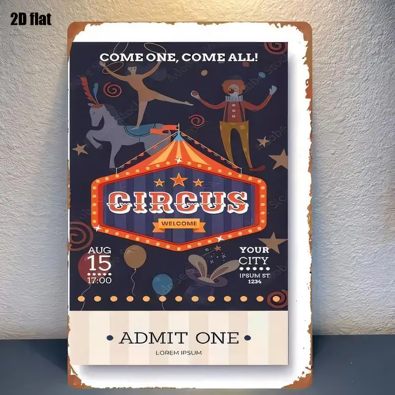 Circus Vintage Metal Tin Sign - Retro Wall Art with Clown, Carousel, Dark Blue/Orange, Iron, Perfect for Room, Carnival, Bars, C