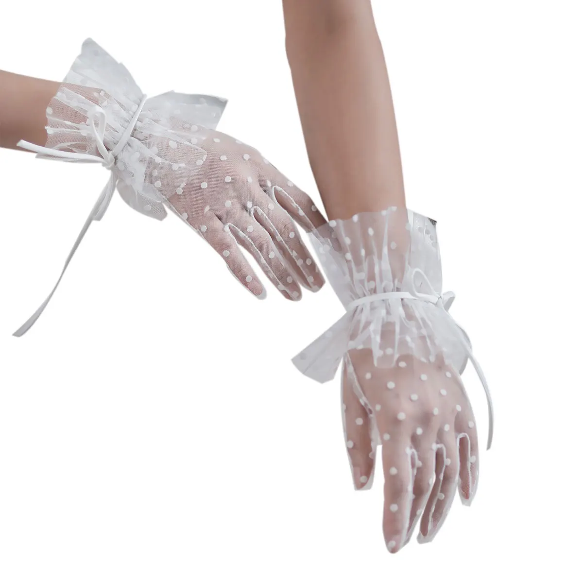 Gants courts faits à la main pour les patients de mariage, points en tulle, bord à volants, nœud de ruban, doigt blanc, poignet, gants de reconstitution historique, gants de Rh, WG064