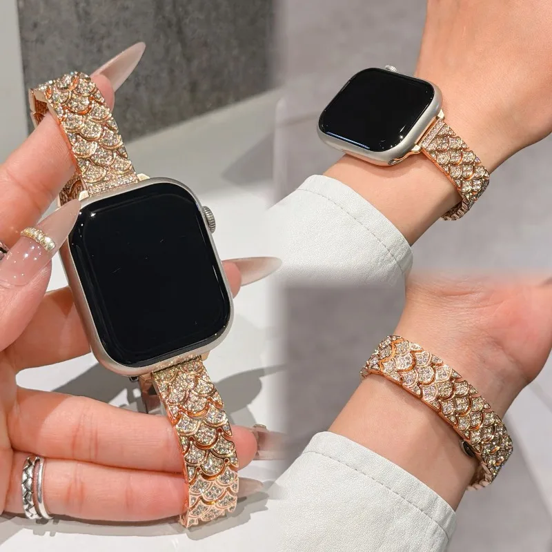 Fish Scale Rhinestone Metal Watch Band Compatible with Apple Watch S11 Xiaomi Band 10 9 Pro, Bling Sparkle Women Luxury