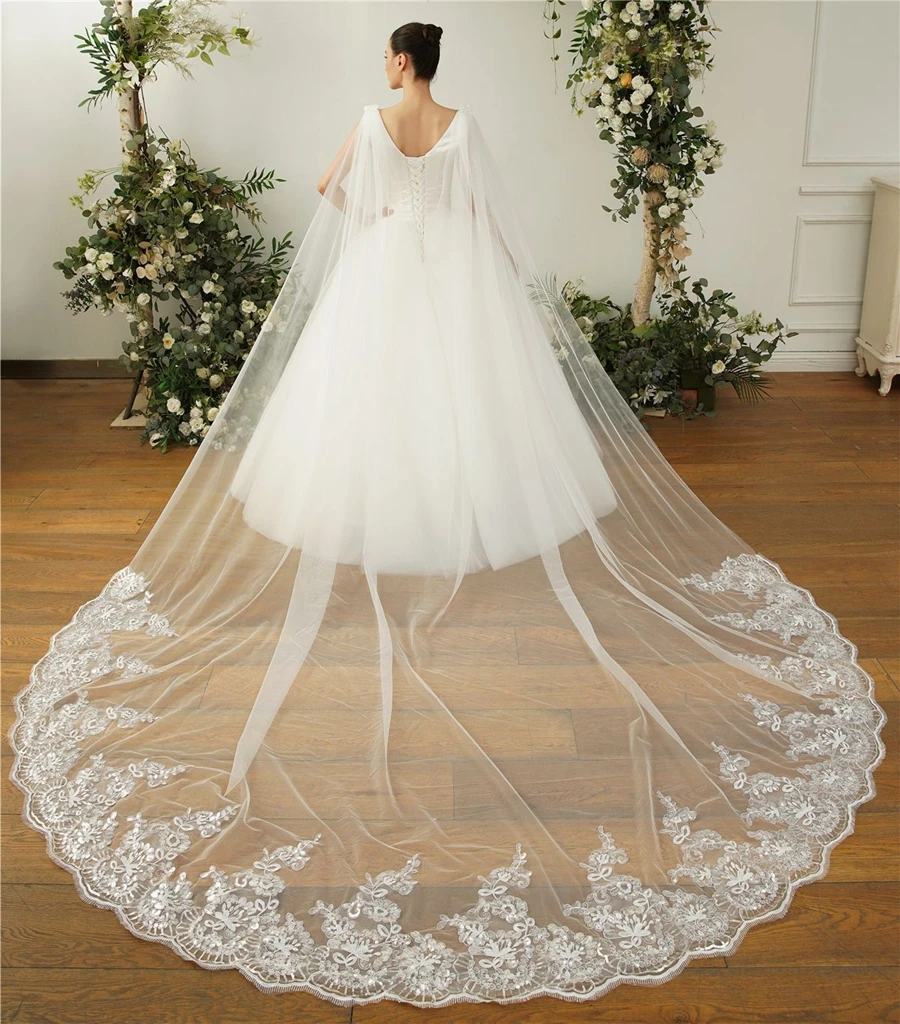 

Wholesale White Ivory Wedding veils Shoulder Cape Bridal Wrap Lace Appliques Bride wedding accessories Boda velo de novia