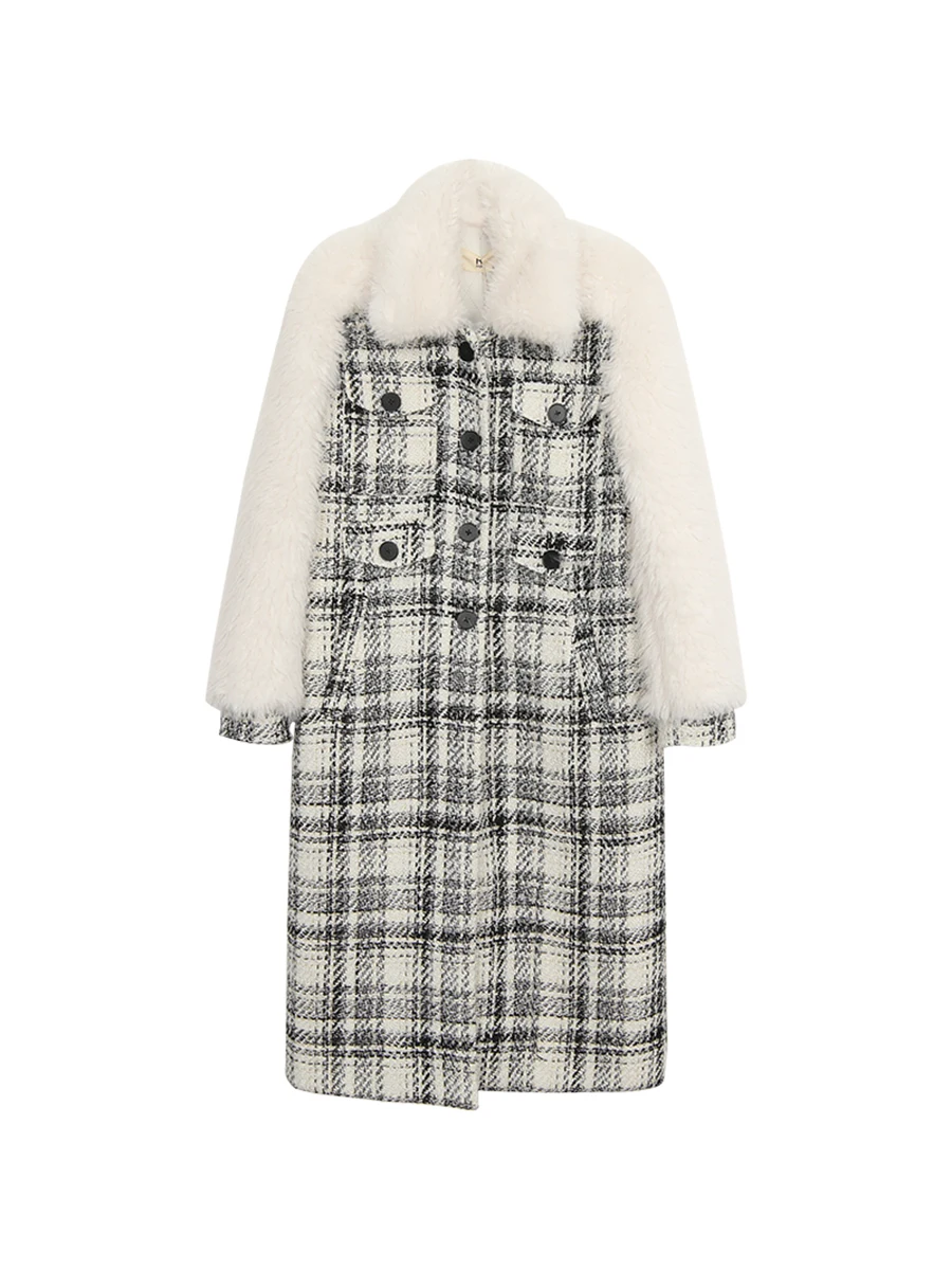 

Red Celebri Studio Women's Woolen Coat Autumn Winter High-End Plaid Long Outerwear oulder-Length Collar Single Button