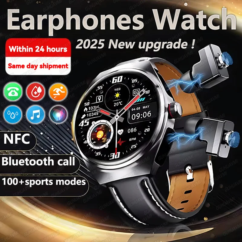 

2025 New Ultra Smart Watch Men 2 in 1 TWS Earphone Bluetooth HD Call AMOLED NFC Music Heart rate Sports Fitness Smartwatch male