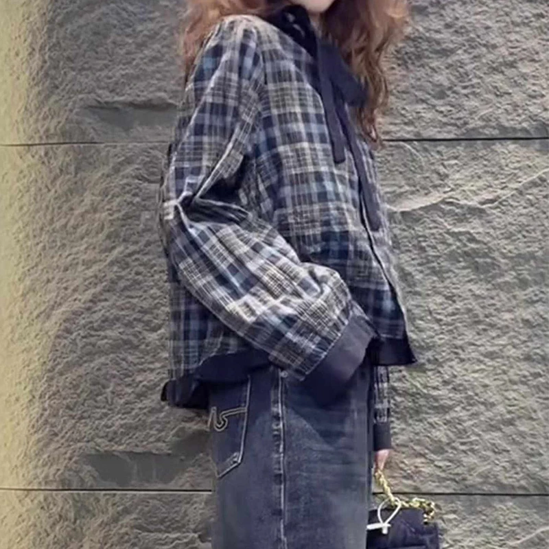 Retro Koreańska Krata Sle Plaid Damska Bluzka na Wczesną Jesień Faion Casual z Okrągłym Dekoltem Ne Design Ular Długa Sve z Włókna Poliestrowego