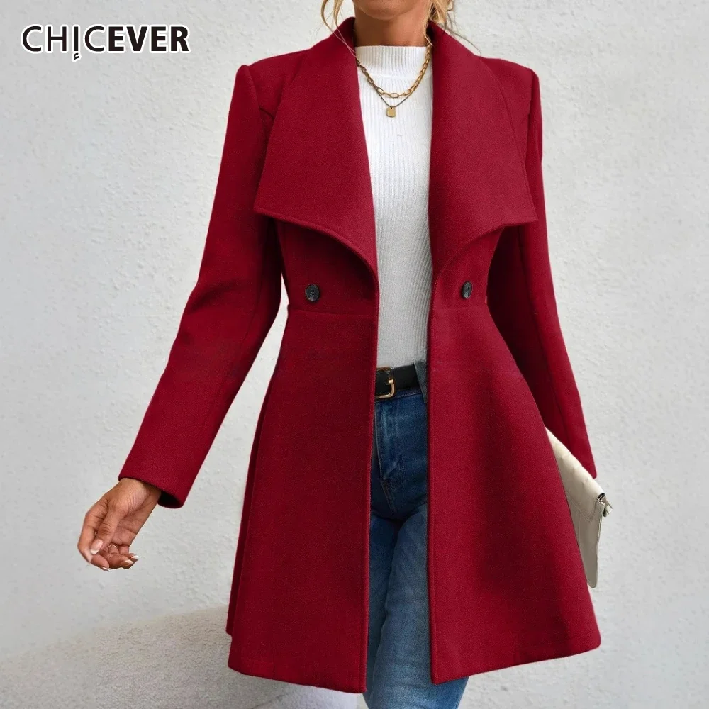 CHICEVER Solid Slimming Chic Wool Coat for Women Lapel Long Sleeve Spliced Double Breasted Temperament Jackets Female Spring New