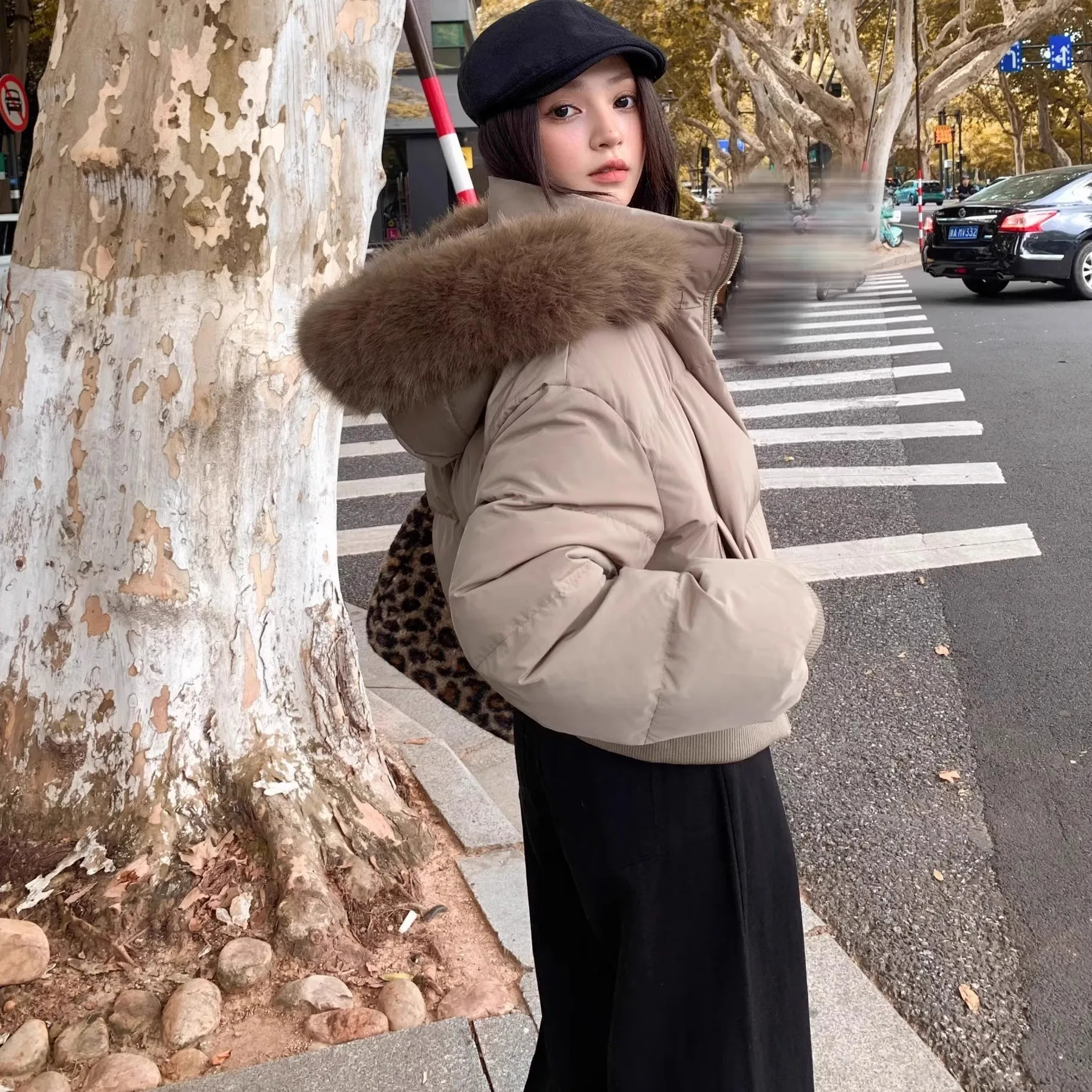シンプルなファーカラーフード付きショートパーカーコート、ファッショナブルなストリートジッパーフード付きショートコットン服、冬服、女性用ジャケット