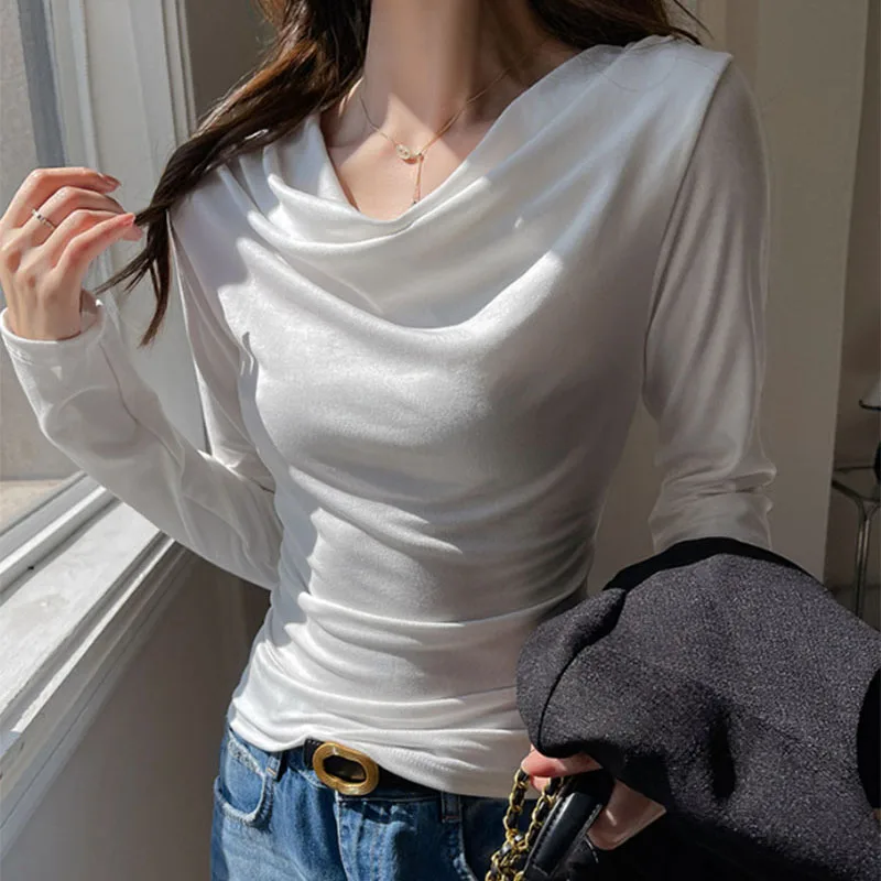 Modisches T-Shirt mit hängendem Kragen und langen Ärmeln für Damen, koreanischer minimalistischer Alltagslook, Herbst-Oberteile, elegante, schmale Streetwear-T-Shirts für Damen