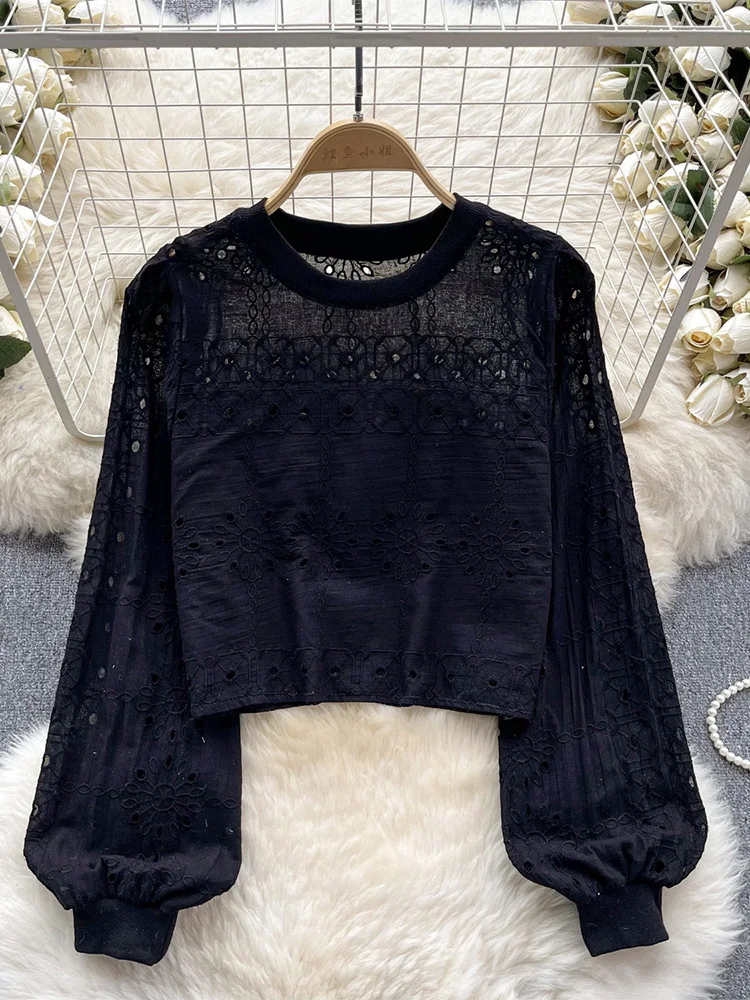 Croysier Tops Frauen Kleidung 2024 Mode Vintage Cutwork Stickerei Bluse Langarm Top Rundhals ausschnitt lässig kurz geschnittene Bluse