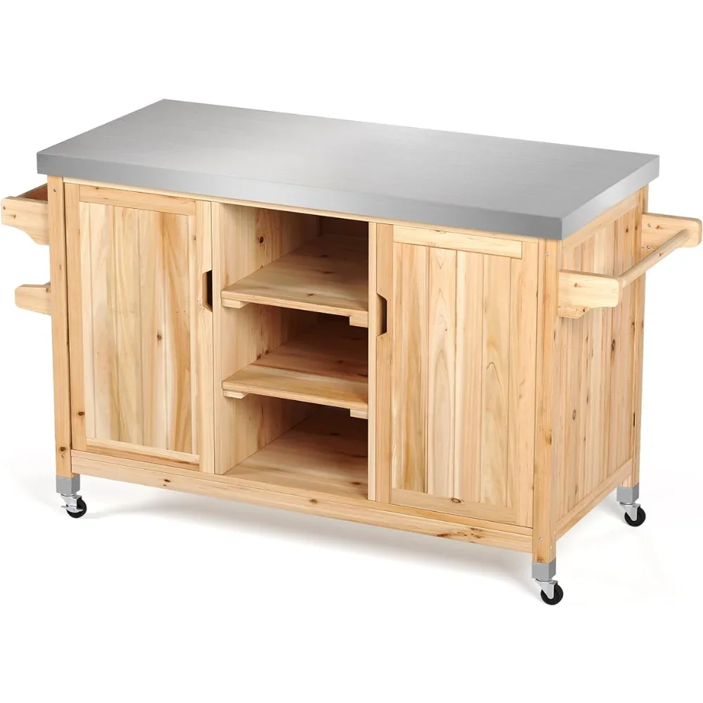 XL Solid Wood Outdoor Table and Storage Cabinet, 59.64’’L x 23.62’’W Movable Grill Table with Stainless Steel Top