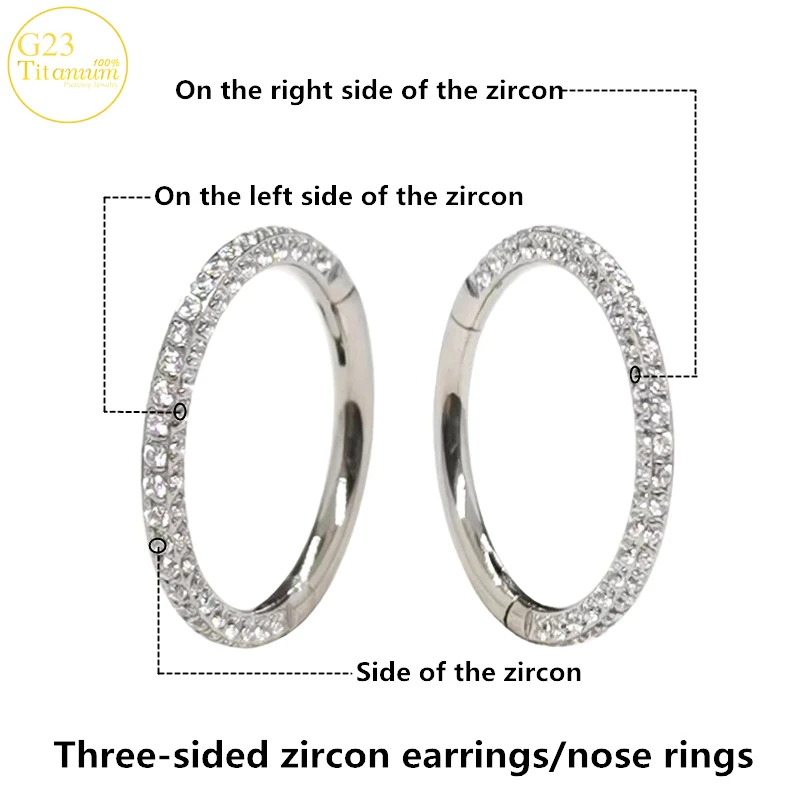 On Three Sides Zircon Clicker Earrings F136 Titanium Septum Piercing Nose Rings Ear Cartilage Tragus Helix Piercing Body Jewelry