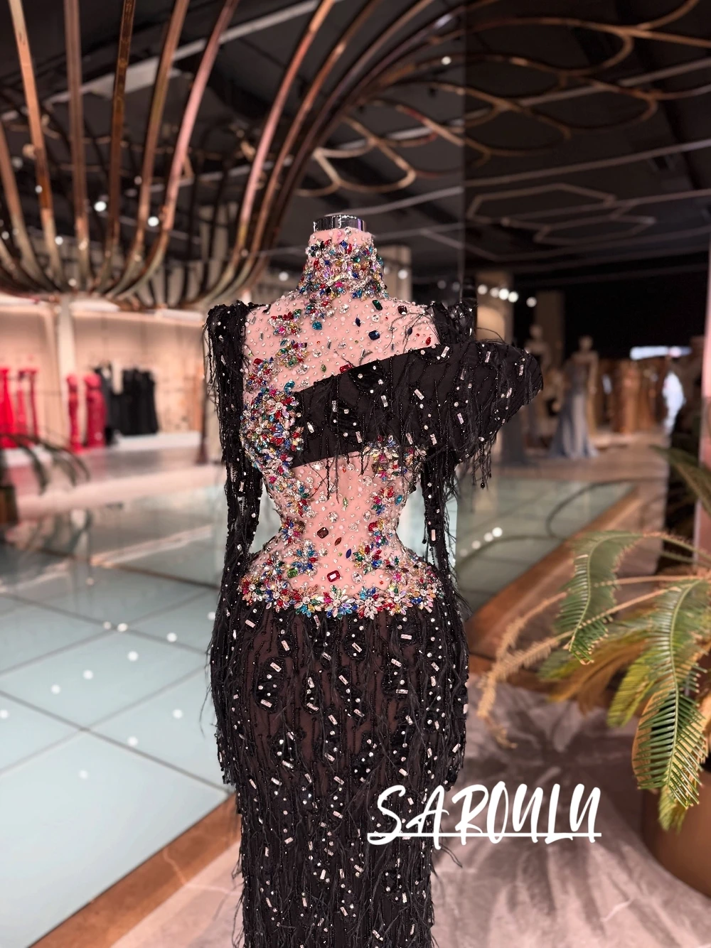 

2026 Opulent Black Feather Fringe Mermaid Evening Gown Multicolor Rhinestone Customized Prom Dress For Red Carpet & Pageant