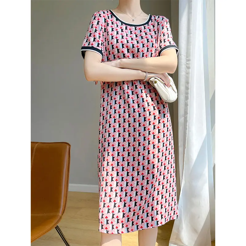 Fashion Printing Midi Dress Ladies Korean Temperament Floral O-neck Short Sleeve Midi Dress Women Clothes Loose Elegant Dress