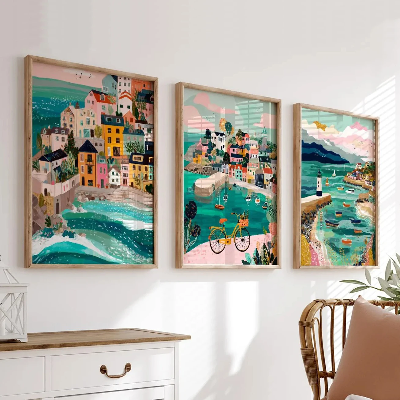 Conjunto de três pôsteres St. Ives sem moldura, decoração de parede para casa com paisagens costeiras da Cornualha, conjunto de impressões de cenários marítimos, decoração de praia, decoração moderna para viagens.