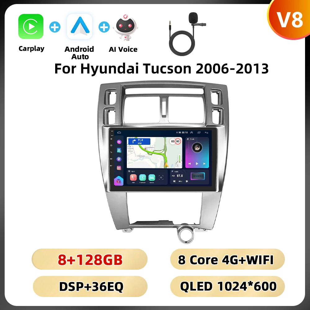 Podofo 8 128G 2din Autoradio Voor Hyundai Tucson 2006-2013 Multimediaspeler Carplay Android Auto Gps 8Core Dsp Fm Rds Auto Audio