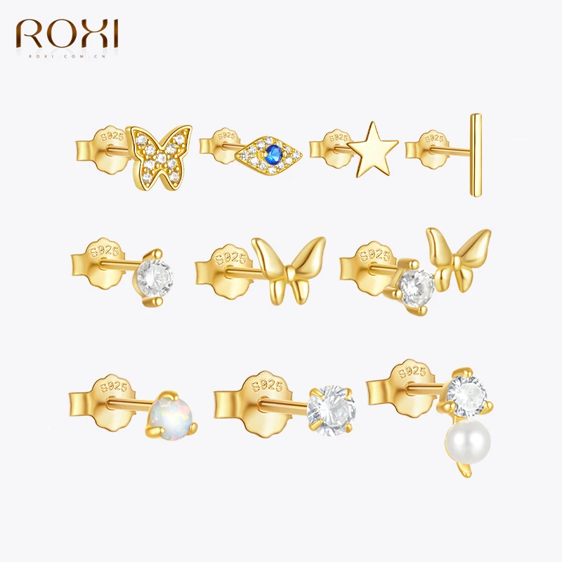 ROXI 925 Sterling Silver zestaw kolczyków kwiat/gwiazda/motyl cyrkon 3 szt. Kolczyki dla kobiet perły Piercing Wedding Party biżuteria