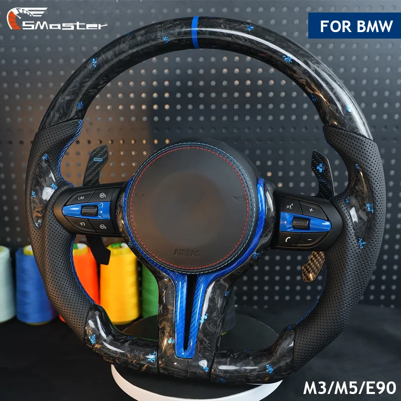 

Спортивное рулевое колесо из кованого углеродного волокна с плоской подошвой для BMW F20 F30 F31 F34 F10 F11 F06 F48 F26 F15 F16 E70 M3 M5 E90 синий