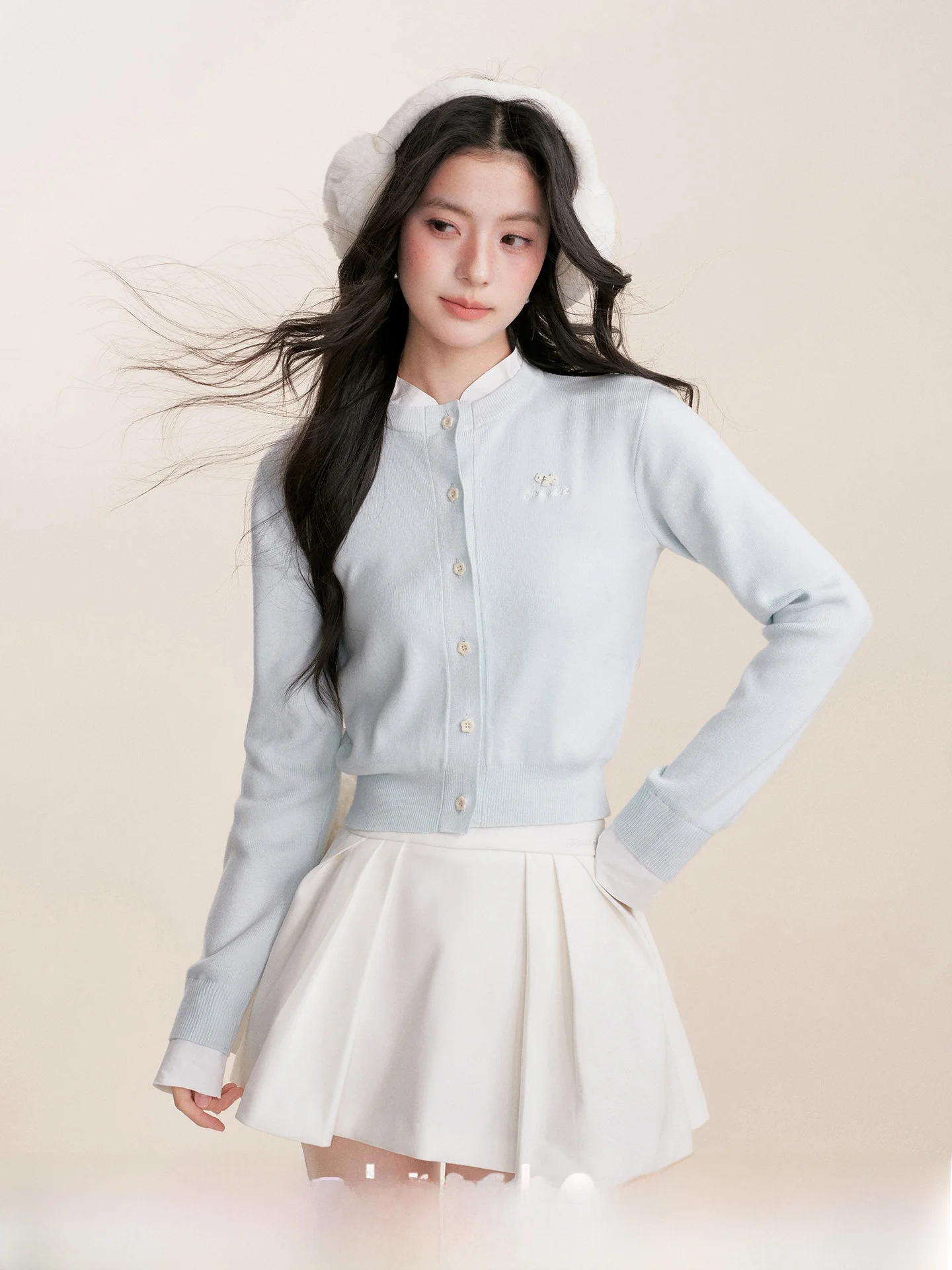 

Kroche ort Knitted Cardigan Embroidered Faux Two-Piece Sle Velvet Dog Stitched Soft Coolmax Fiber Casual Women's Sweater