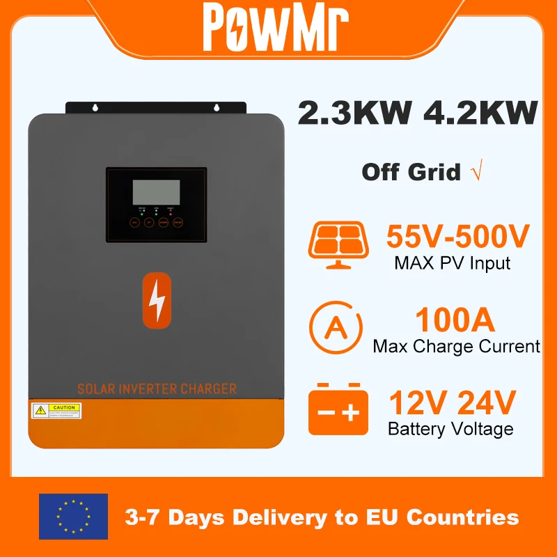 Convertisseur solaire hybride PowMr 4,2 kW 12V 24V 220V hors réseau, onduleur à onde sinusoïdale pure à double sortie avec chargeur de batterie solaire MPPT 100A