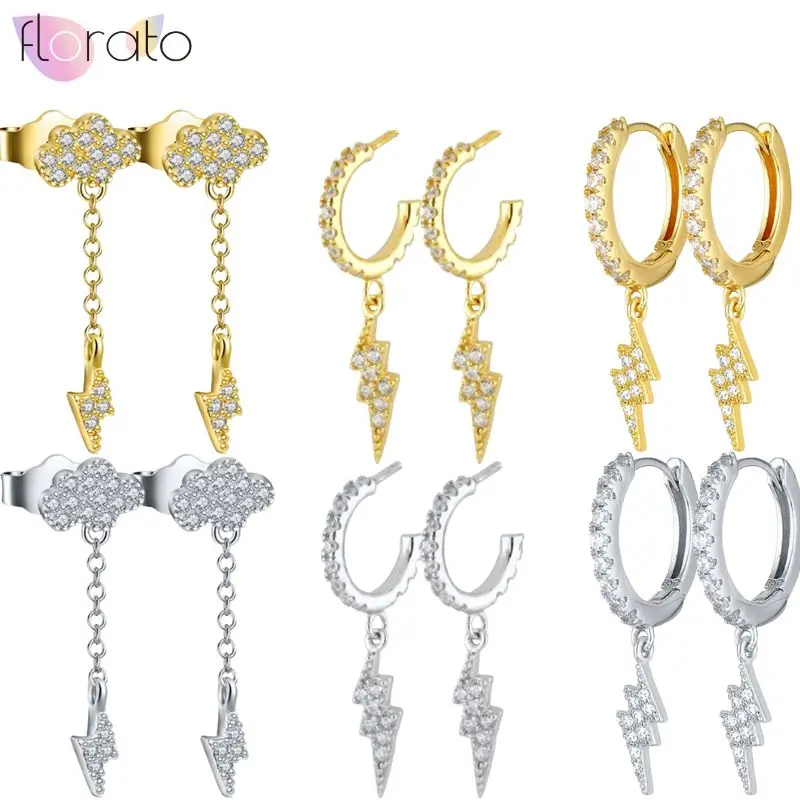 Pendientes de aro de Plata de Ley 925 para mujer, aretes con colgante de Rayo de cristal, aguja brillante, joyería de oro de lujo