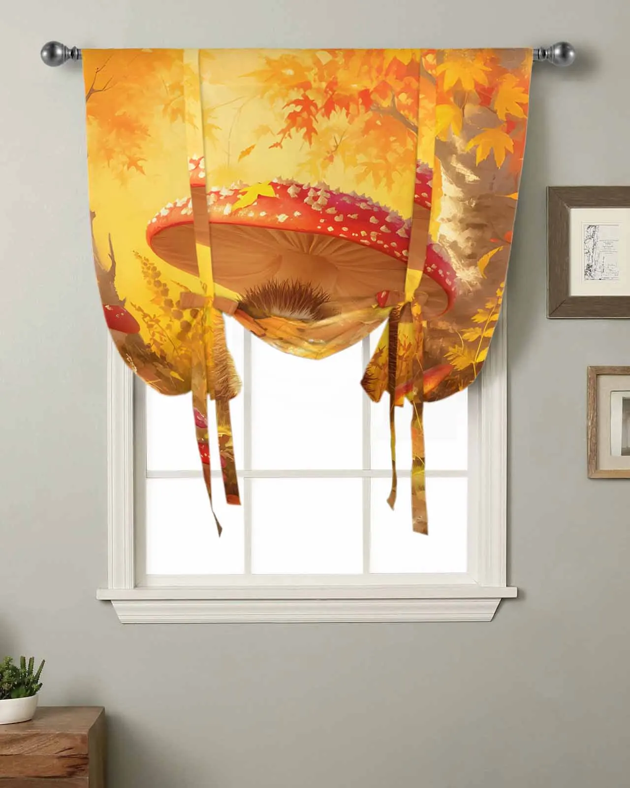 Autumn Forest Mushroom Maple Leaf Hedgehog Window Curtain for Living Room Home Decor Blinds Drapes Kitchen Tie-up Short Curtains