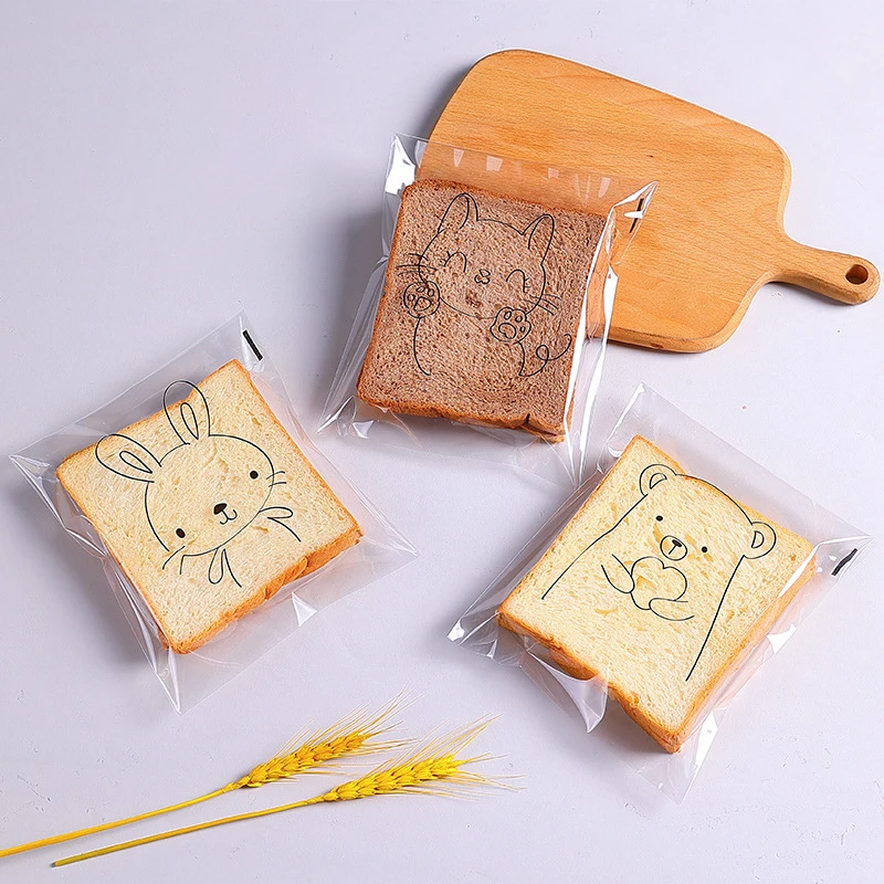 100Pcs Cute Cartoon Bear and Cat Pattern Transparent Self-Adhesive Packaging Bags Bread Baked Sliced Toast Cookies Baking Bag