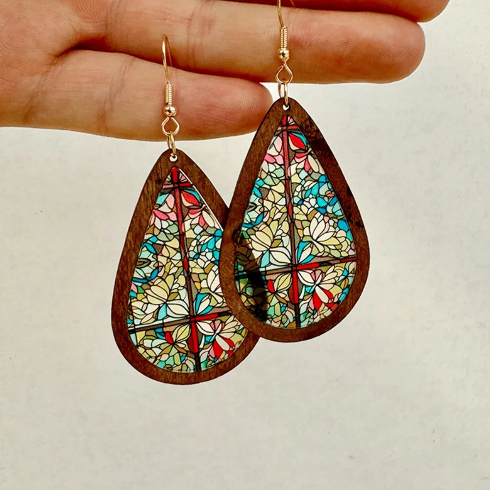 Kaleidoscope Pattern Mosaic Stained Earrings Dangle Earring Vintage Colorful Statement Earrings Acrylic Wood Water Drop Earrings