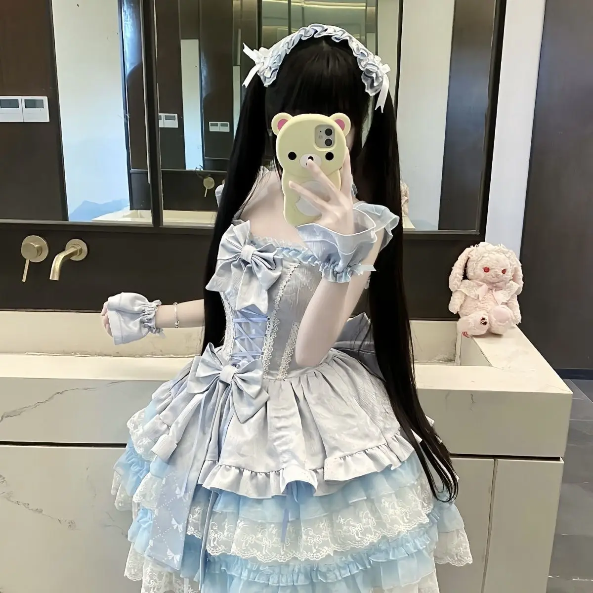 MAGOGO Blue Sweet Lolita Princess Dresses JSK Women Slim-Fit Elegant Lace Bow Tail Birthday Dress Y2k Ballet Style Mini Dress