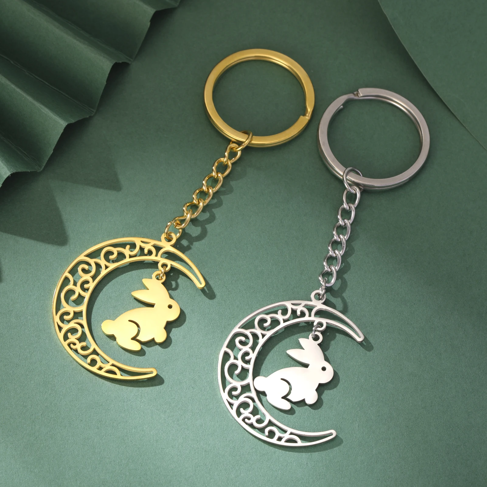 COOLTIME Moon Phase Rabbit Keychain Stainless Steel Gold Color Luxury Hollow Key Chain Supernatural Jewelry Gift