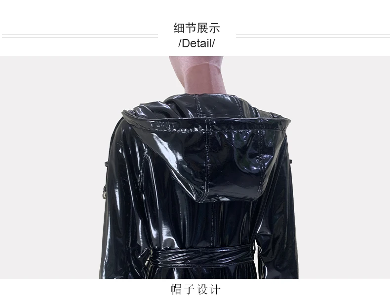 Nerazzurri Autumn Extra Long Shiny Black Soft Patent Pu Leather Trench Coat for Women with Hood Double Breasted European Fashion