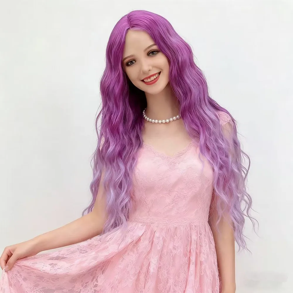 Long Wavy Purple Ombre Synthetic Wig with Lace Front Middle Part Body Wave Heat Resistant Hair for Women Cosplay Daily Use
