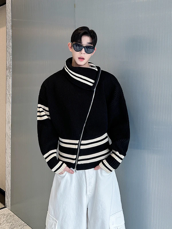

Fall Winter High Collar Zipper Stripe Knit Sweater Men Thiened Casual Long Sve Warm Ne Design Trendy Brand Neutral Sle