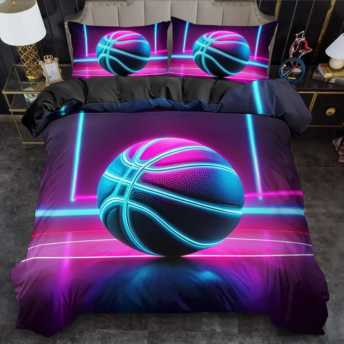 Purple Basketball Sport Print Duvet Cover Set King/Queen Size Machine Washable Bedding Set for Bedroom Guest Room