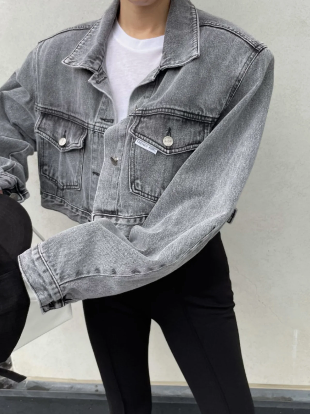 

Retro Waed ort Denim Jaet Women's Patched Double ket Jaet Sli Versatile Cotton Collar Commute Sle