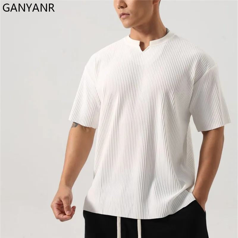 GANYANR Man Short Sleeve T-shirt Running Sportswear Fitness Gym Clothing Cool Tee Basketball Football Wear Training and Exercise