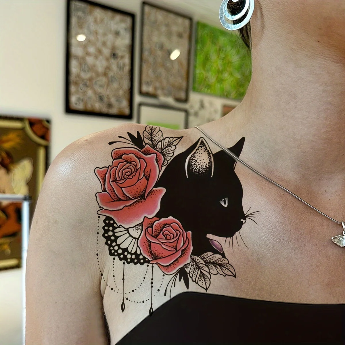 

1 Sheet Tattoo Sticker, Sexy Black Cat with Red Rose Dreamcatcher Design - Waterproof and Long-Lasting