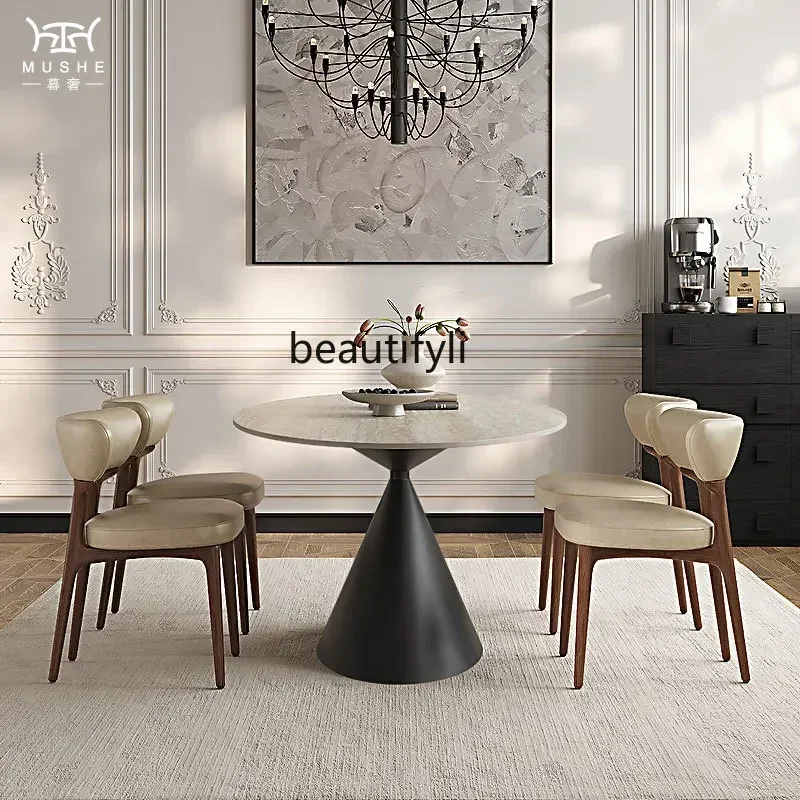 

YH Y French retro travertine rock slab dining table oval designer medium and ancient style home dining table