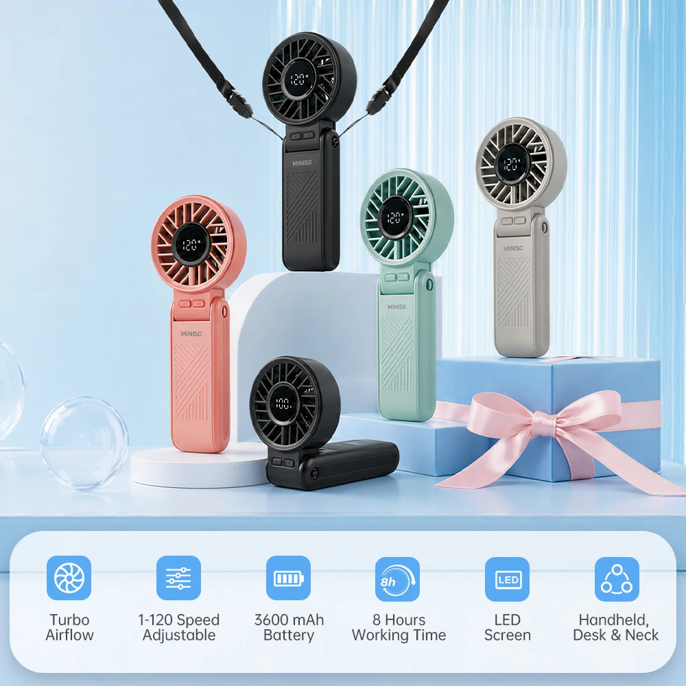 Miniso Ice Cooling Portable Foldable Handheld Neck Fan with Smart Screen 3600mAh Battery 120 Speed Adjust Pocket Travel Fan