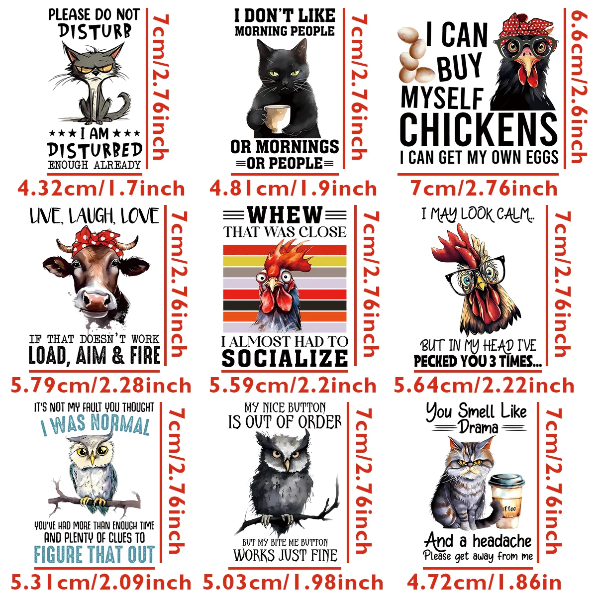 9pcs Funny Animal Proverbs Heat Transfers Iron On Patches For Clothes T-Shirts Jeans Backpack Hats Pillow DTF Transfer Stickers