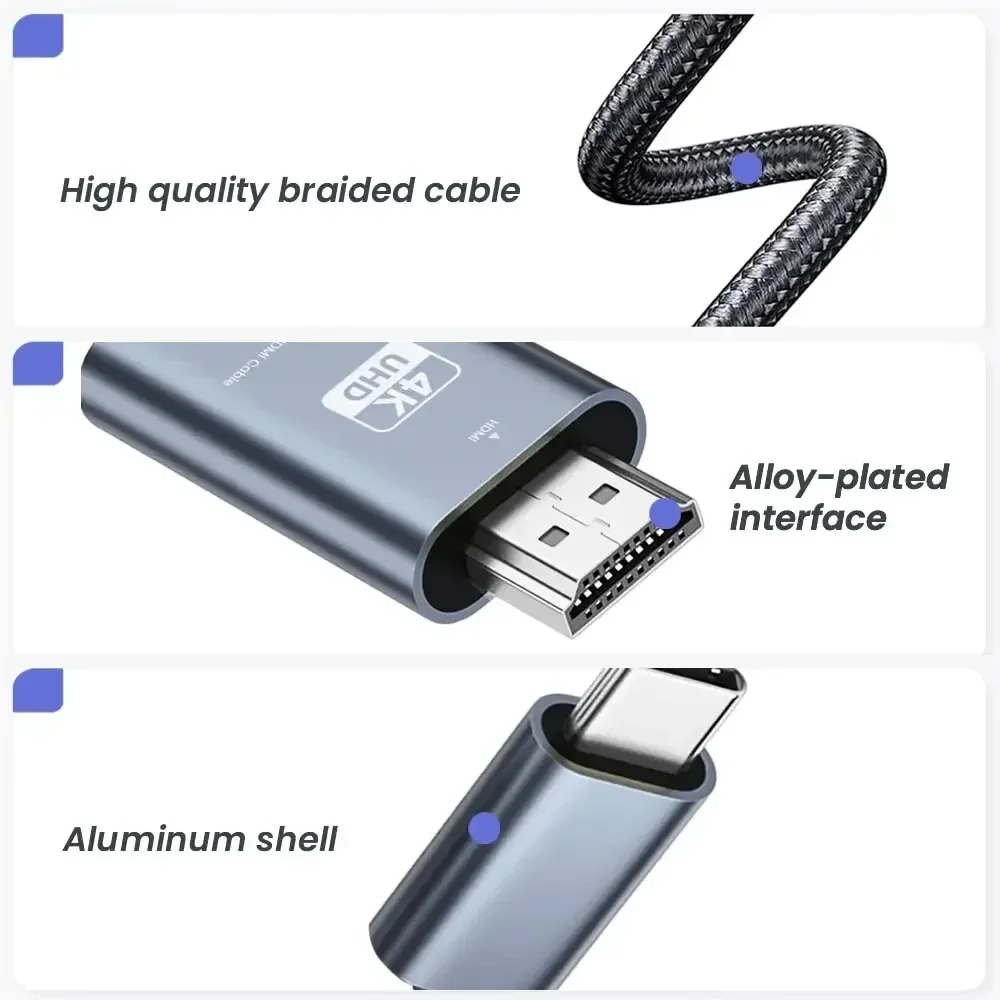 كابل USB C إلى HDMI 4K 60 هرتز من الألومنيوم من النوع C إلى سلك متوافق مع HDMI يدعم Thunderbolt 3 4 لهاتف iPhone 15 MacBook