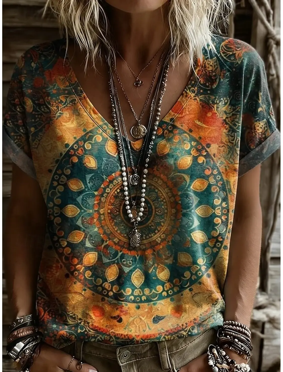 Women's V Neck Short Sleeve Ombre Geometric Abstract Print Stylish Classic Casual Daily Tops Fuchsia for Spring Summer