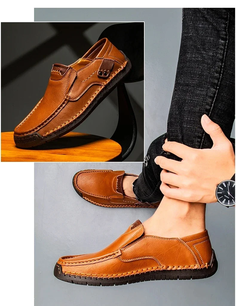 Neue modische Herren-Freizeitschuhe, handgefertigte Leder-Loafer, bequeme Herrenschuhe, hochwertige Schuhe aus Spaltleder, flache Fahrschuhe, Größe 48. – Detail 14