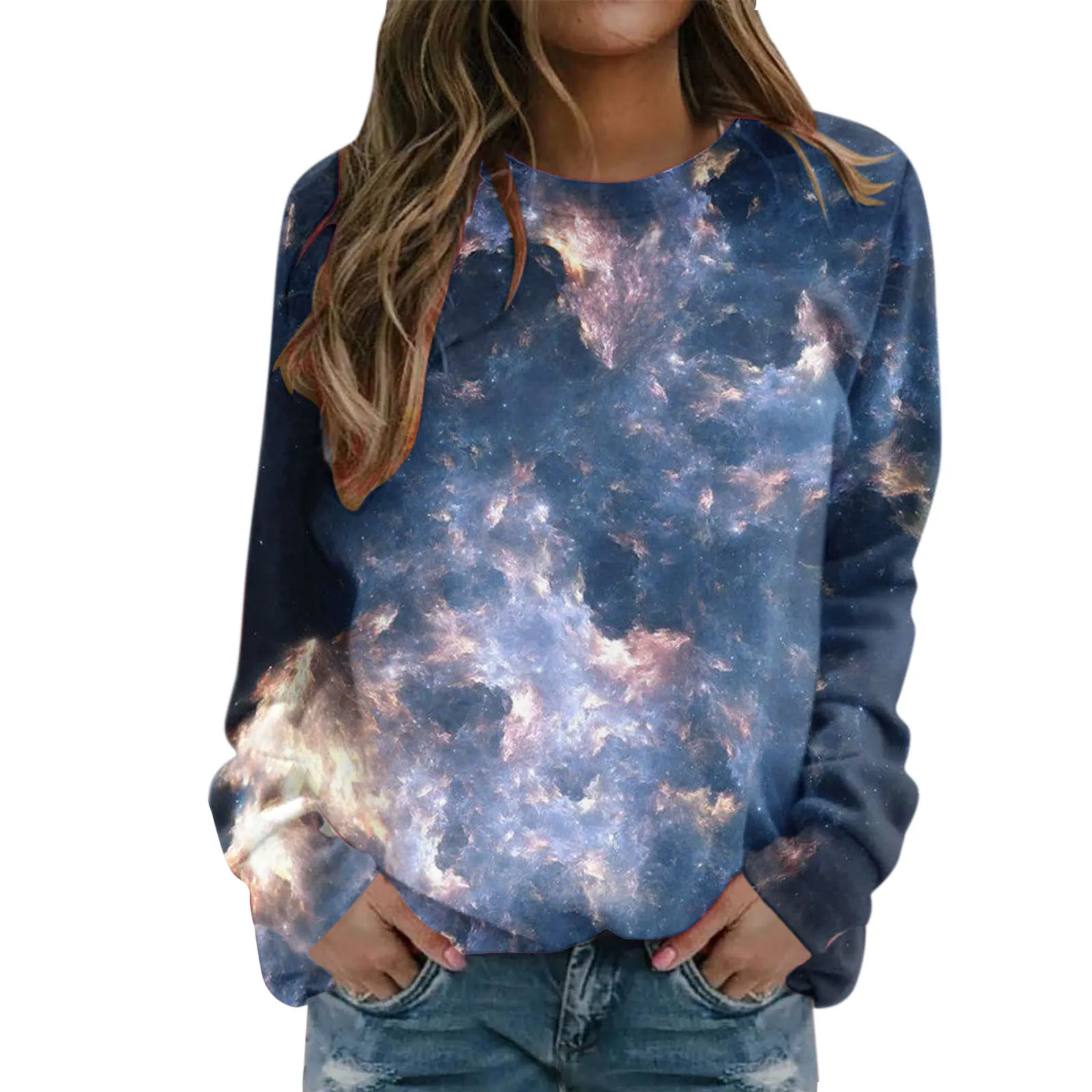 Camisola de Gola Redonda para Mulheres, Impressão Digital, Céu Estrelado, 3D, Novo, Outono, Inverno, 105-129