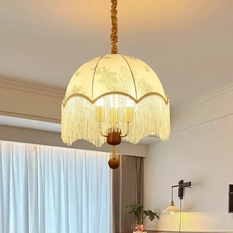 

New French Vintage Retro Pattern Solid Wood & Fabric Pendant Light - Decor for Bedroom Bedside, Dining Room Study & Bar Lighting