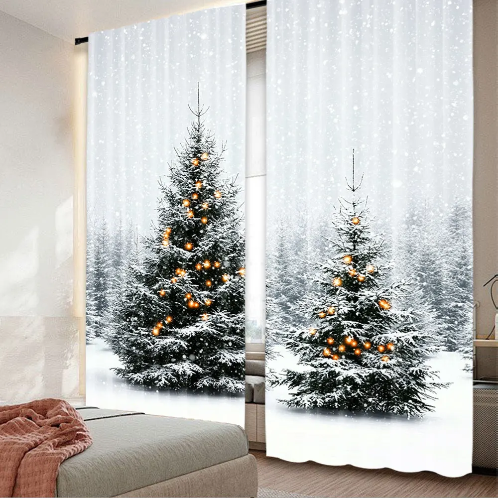 2Pcs Christmas Curtain Natural Winter Forest Snowflake Snowfall White Snow Tree Home Party Decoration Modern Simplistic Drapes