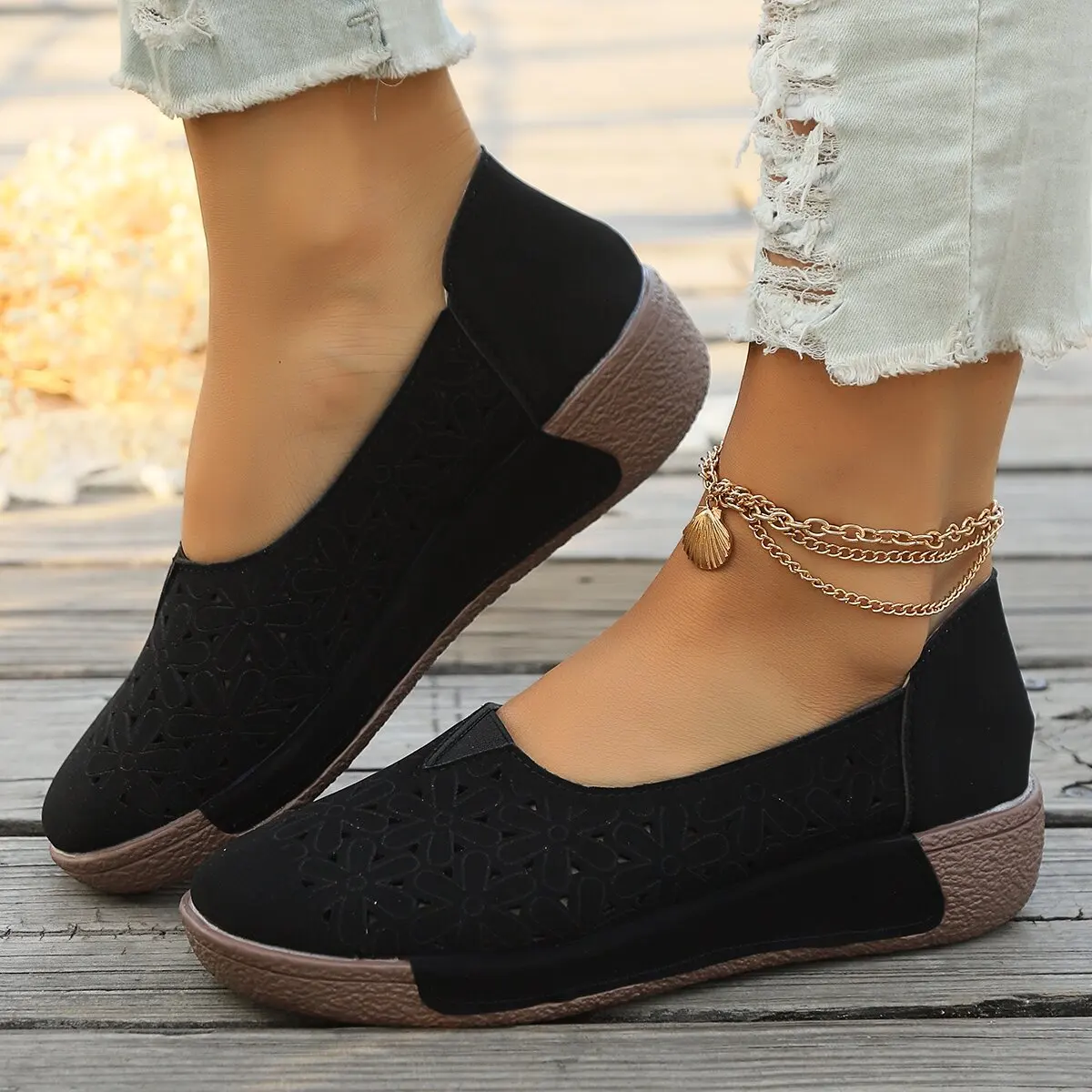 

Thick-Soled Round-Toe Loafers for Women, Hollow and Breathable Slip-On Women's Casual Shoes