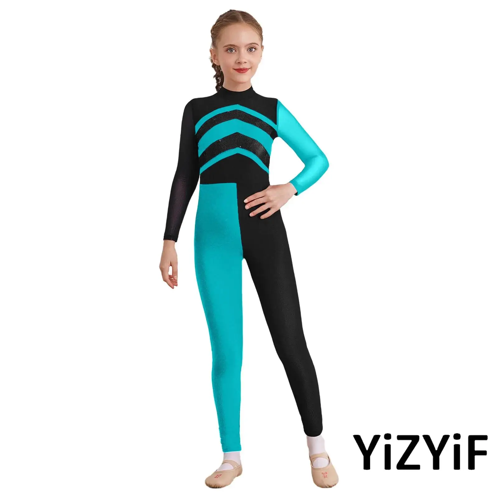 

Children Girls Gymnastics Figure Skating Dance Jumpsuit Shiny Sequins Color Block Mesh Long Sleeves Cutout Back Dance Bodysuit