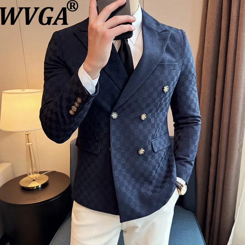 

WVGA Spring Autumn New Men Tide Business Slim Fit Checkered Double-Breasted Blazer Niche Casual High-End Stylish Coat Ins W19643