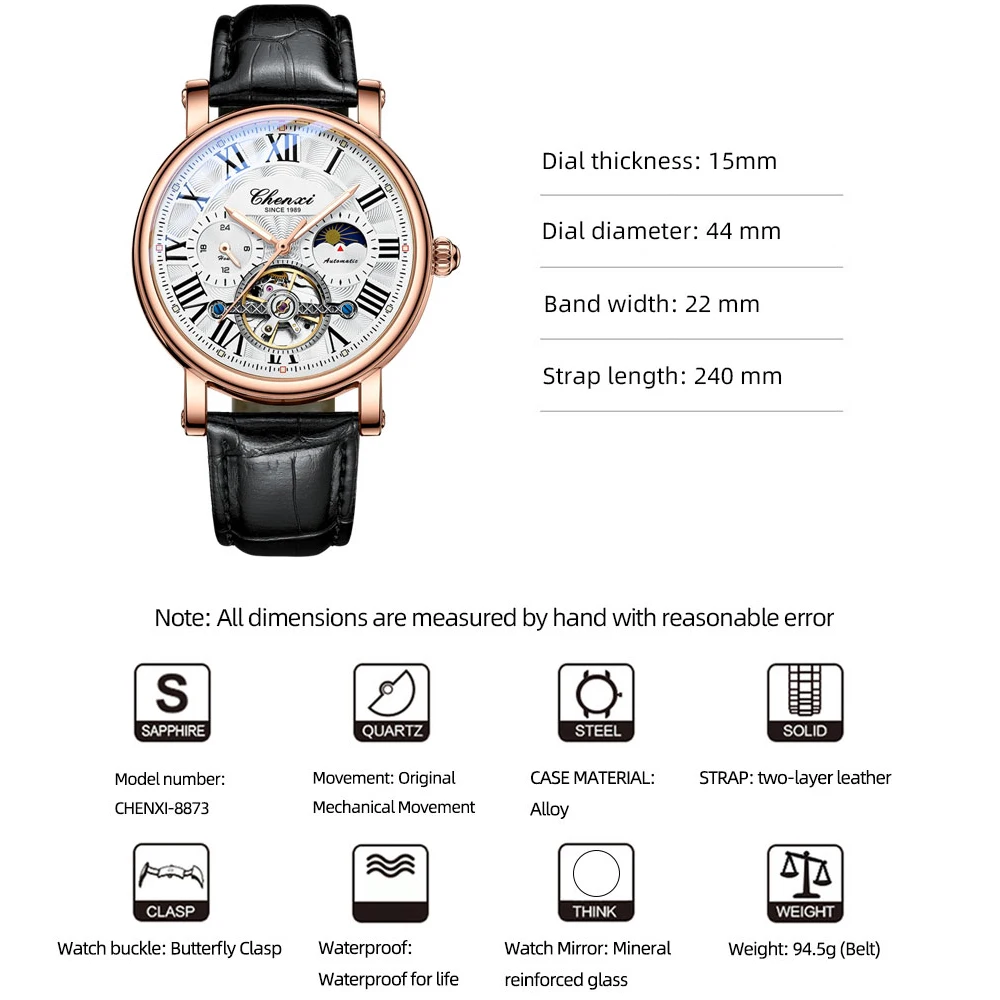 CHENXI Brand Mens Watches Luxury Waterproof Automatic Mechanical Wristwatch Men Business Luminous Quartz Watch Leather Clock