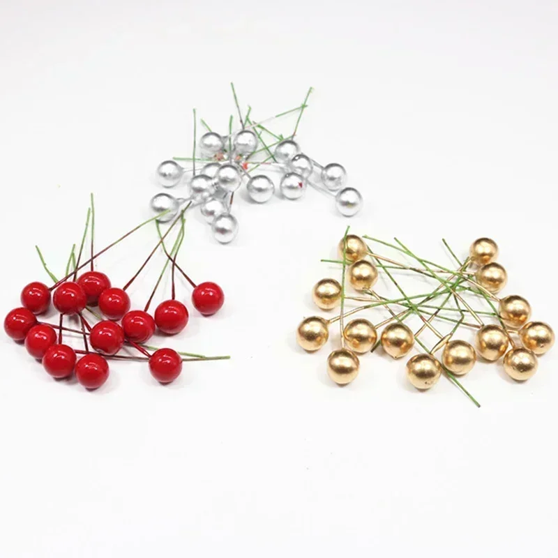 50/1000pcs Artificial Berries Red Fake Berry Cherry Stamen Beads Mini Floral Wreath Ornament Christmas New Year Party Gifts