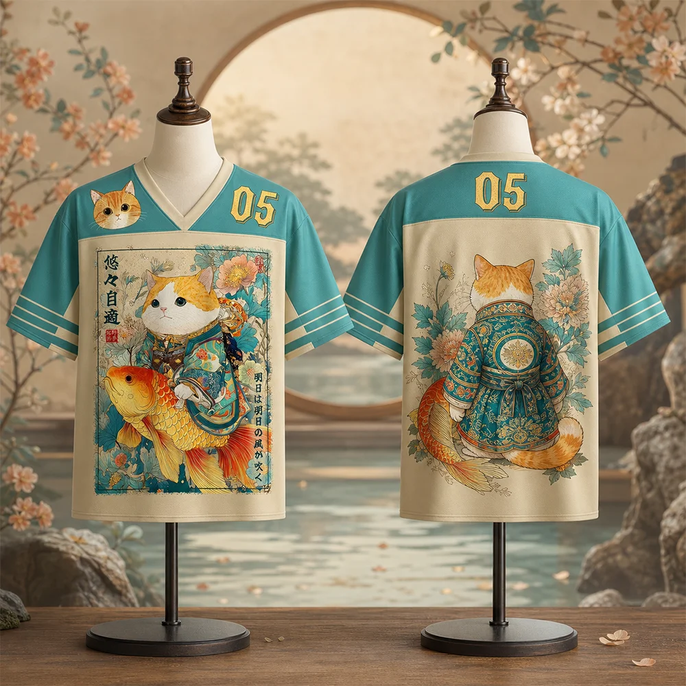 Summer 2026 Japanese Style Cute Cat V-neck T-shirt Short Sleeve 3D Print Y2K Fashion Loose Top for Kids Outdoor Leisure Sports