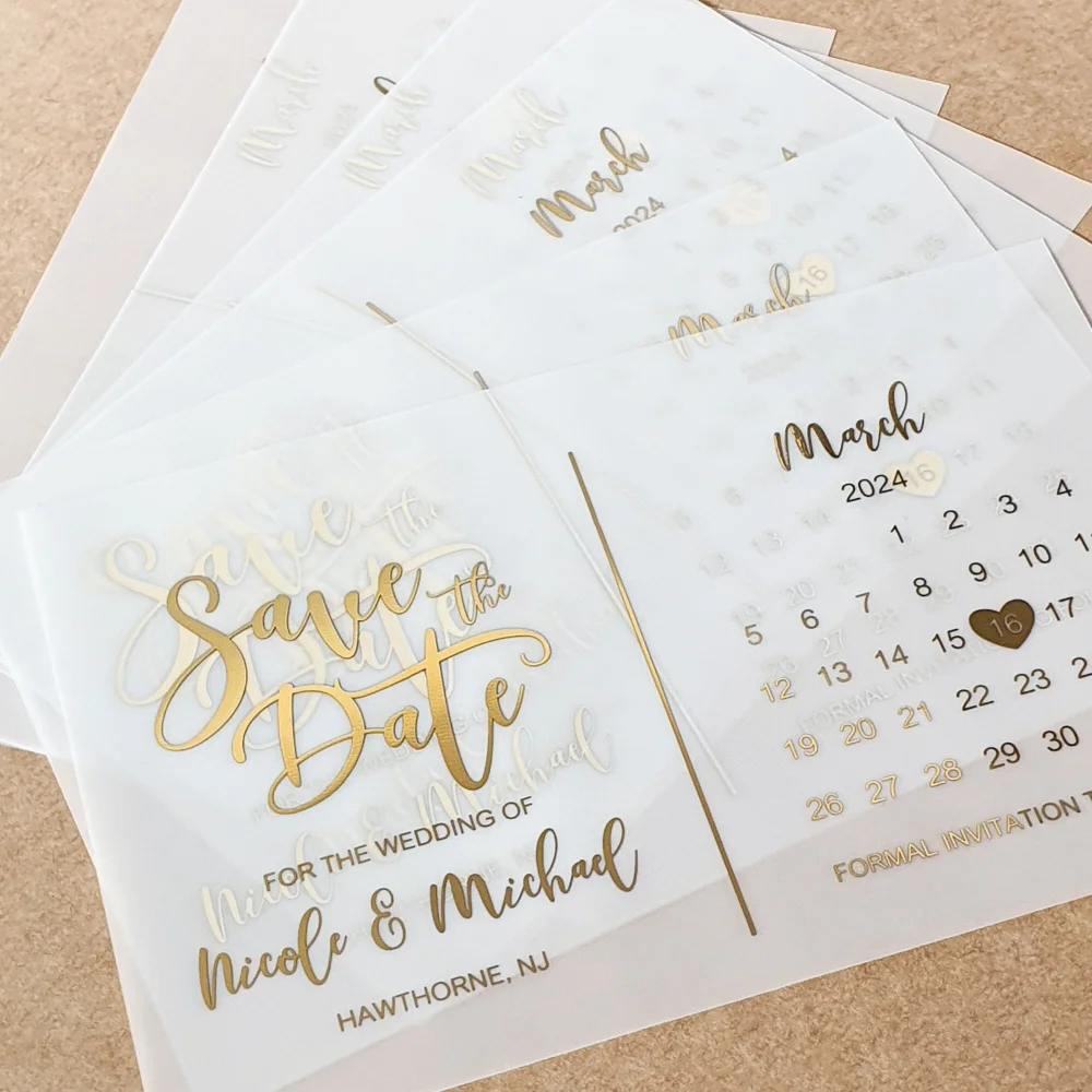 Gold Foil Calendar Luxury Wedding Invitation Couple's Name Custom Elegant Party Invite Save The Date Card & Envelope Vellum